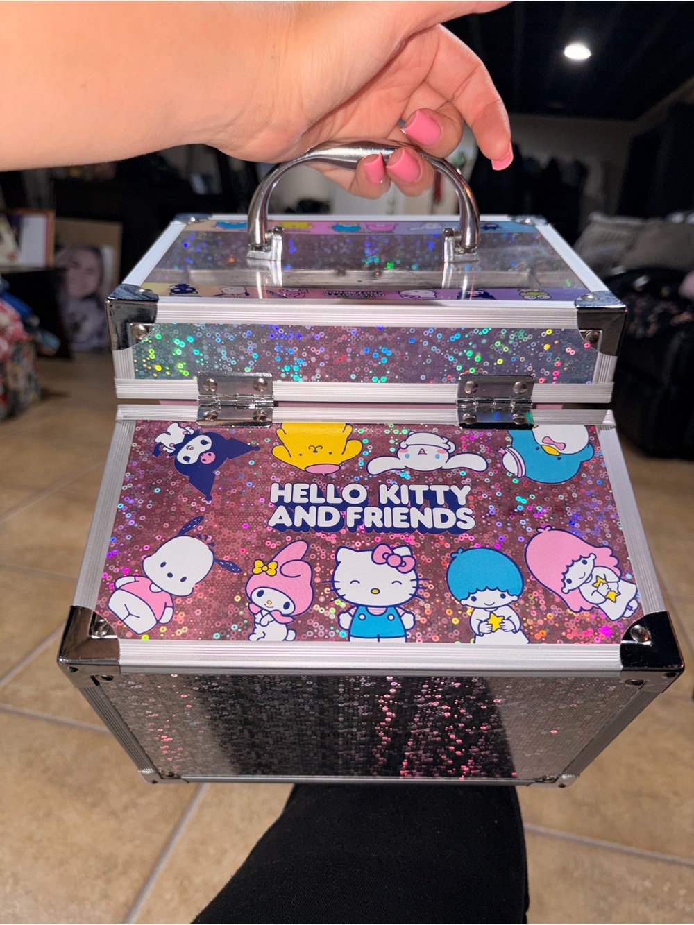 Hello Kitty Pink Glitter Cosmetic Organizer Case with Silver Trim